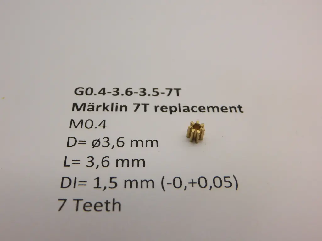 Ritzel Messing  M0.4 D=ø3.6 L=3.5 DI=1.5 mm 7 Zahne (Märklin)