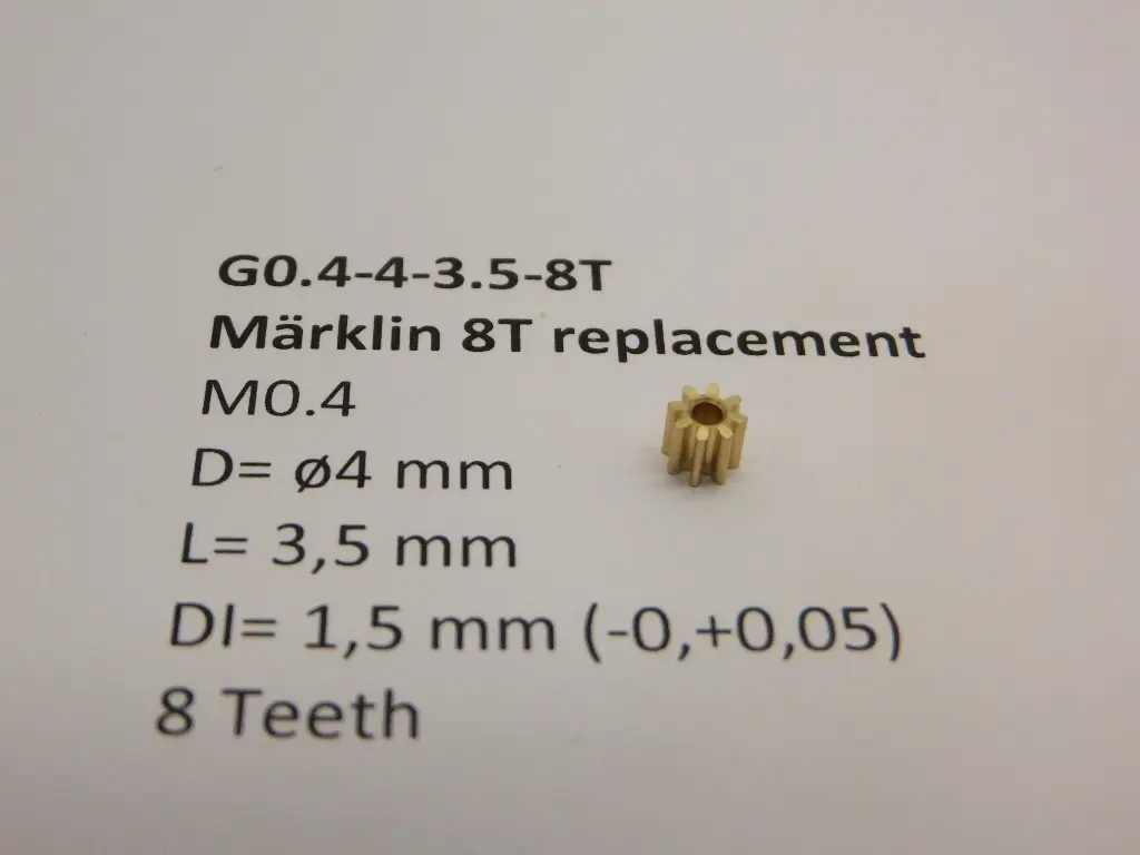Ritzel Messing  M0.4 D=ø4.0 L=3.5 DI=1.5 mm 8 Zahne (Märklin)