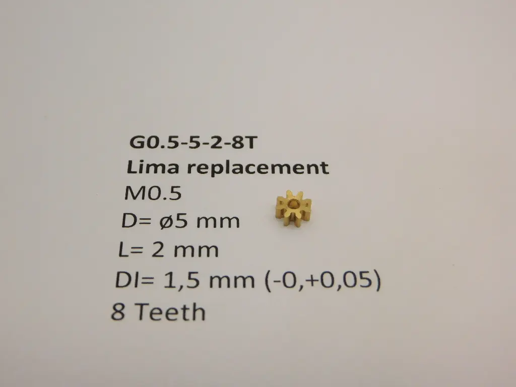 Ritzel Messing  M0.5 D=ø5 L=2 DI=1.5 mm 8 Zahne (Lima)