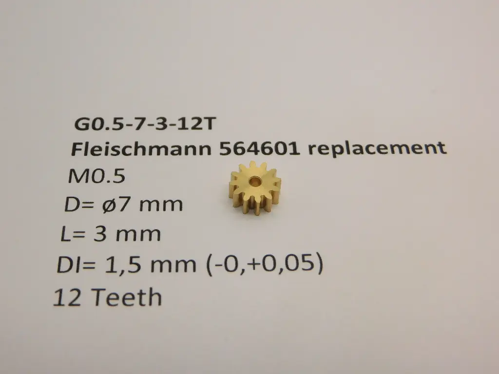 Ritzel Messing M0.5 D=ø7 L=3 DI=1.5 mm 12 Zahne (Fleischmann 564601)