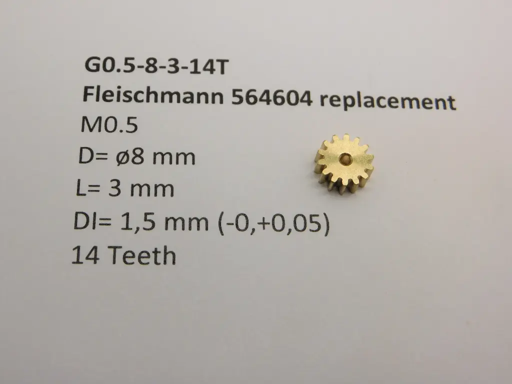 Ritzel Messing M0.5 D=ø8 L=3 DI=1.5 mm 14 Zähne Fleischmann 564604