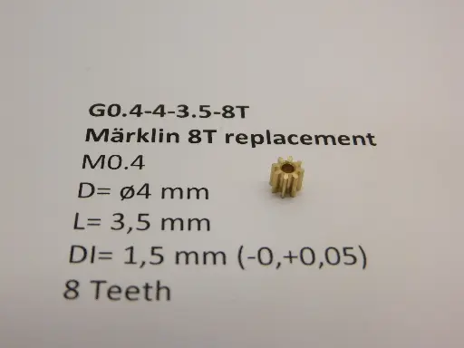 [G0.4-4-3.5-8T] Ritzel Messing  M0.4 D=ø4.0 L=3.5 DI=1.5 mm 8 Zahne (Märklin)