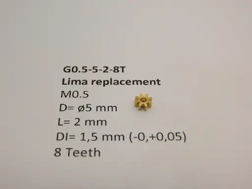 [G0.5-5-2-8T] Ritzel Messing  M0.5 D=ø5 L=2 DI=1.5 mm 8 Zahne (Lima)