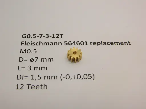 [G0.5-7-3-12T] Ritzel Messing M0.5 D=ø7 L=3 DI=1.5 mm 12 Zahne (Fleischmann 564601)