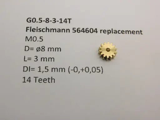 [G0.5-8-3-14T] Ritzel Messing M0.5 D=ø8 L=3 DI=1.5 mm 14 Zähne Fleischmann 564604